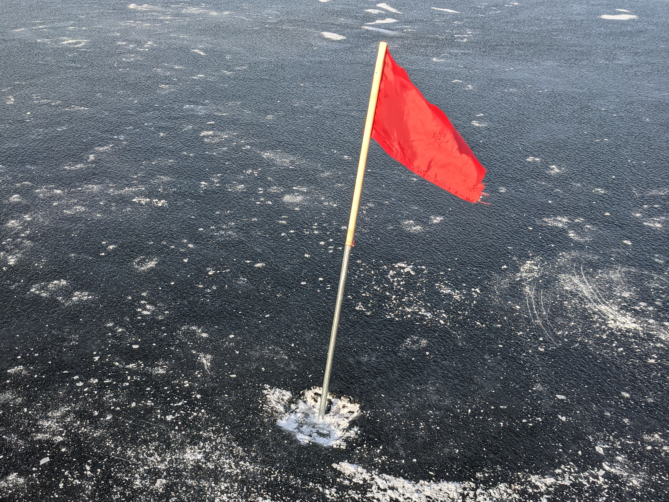 a flag stuck into the ice